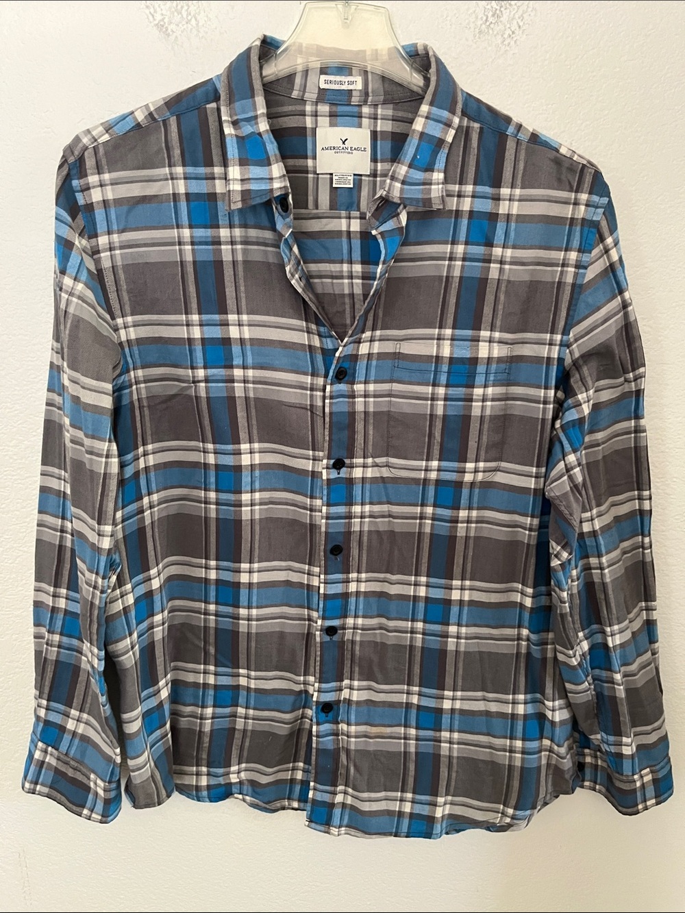 American Eagle Outfitters Gray and Blue Plaid Button-Down Shirt
